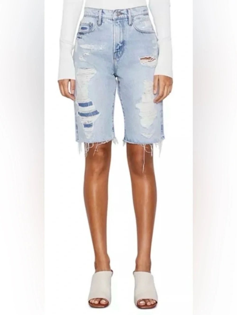 FRAME Le Vintage Bermuda Shorts Distressed Patched Streetwear 24 Cotton